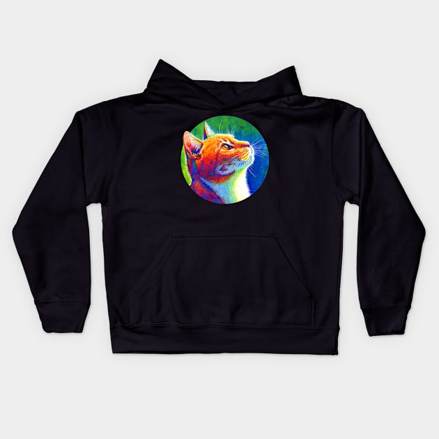 Psychedelic Rainbow Tabby Cat Kids Hoodie by rebeccawangart